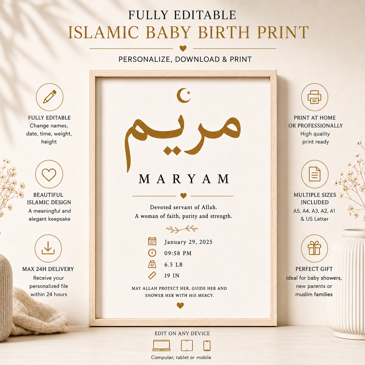 Personalized Birth Printable — Arabic Name & Meaning | BabyBaraka